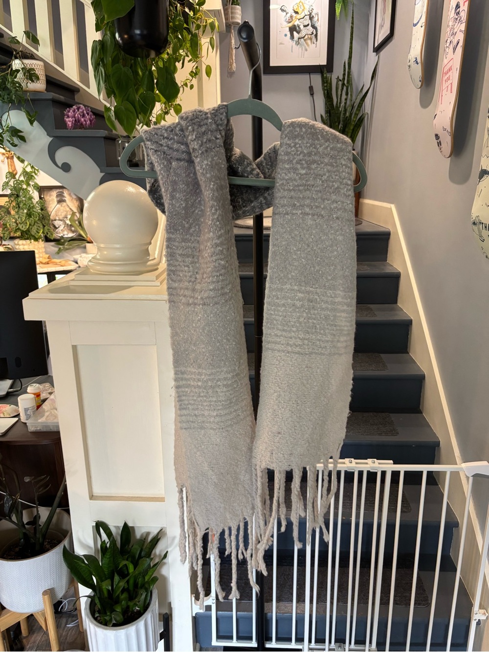 Cozy Neutral Gray Fringe Scarf - Unbranded